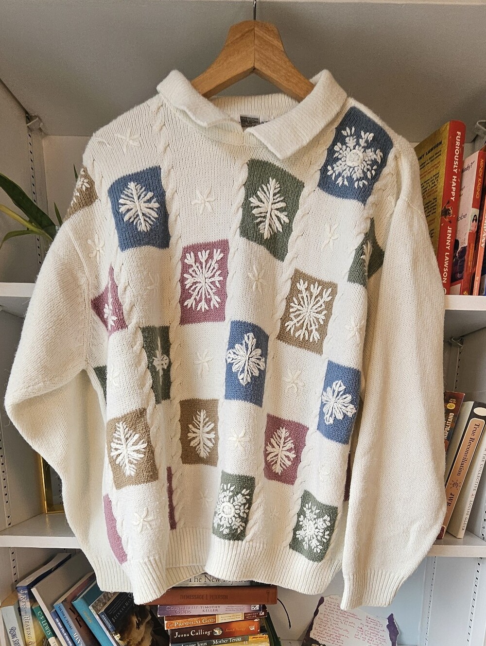 Vintage Alfred Dunner Knit Sweater Cream Blue  Green Pink Patchwork Snowflake XL